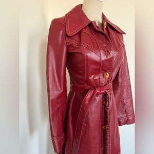 Vintage 1960s Red Leather Midi A-Line Trench Coat